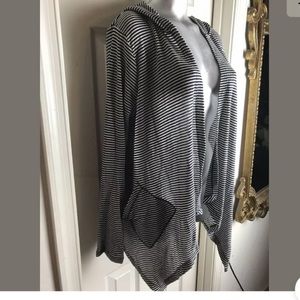 SIZE L STRIPED HOODED DRAPED OPEN -HI LOW CARDIGAN